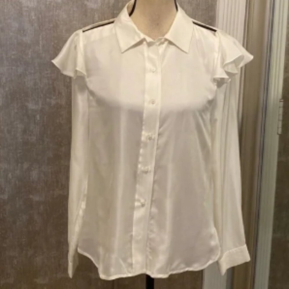 Maje Stylish White Ruffle Shoulder cut out silk Blouse, S